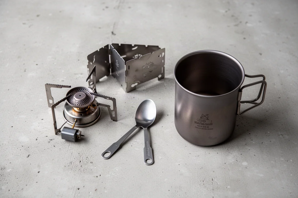 Overhead flat-lay of a compact camping cook kit with a titanium mug, burner and folding windshield on concrete
