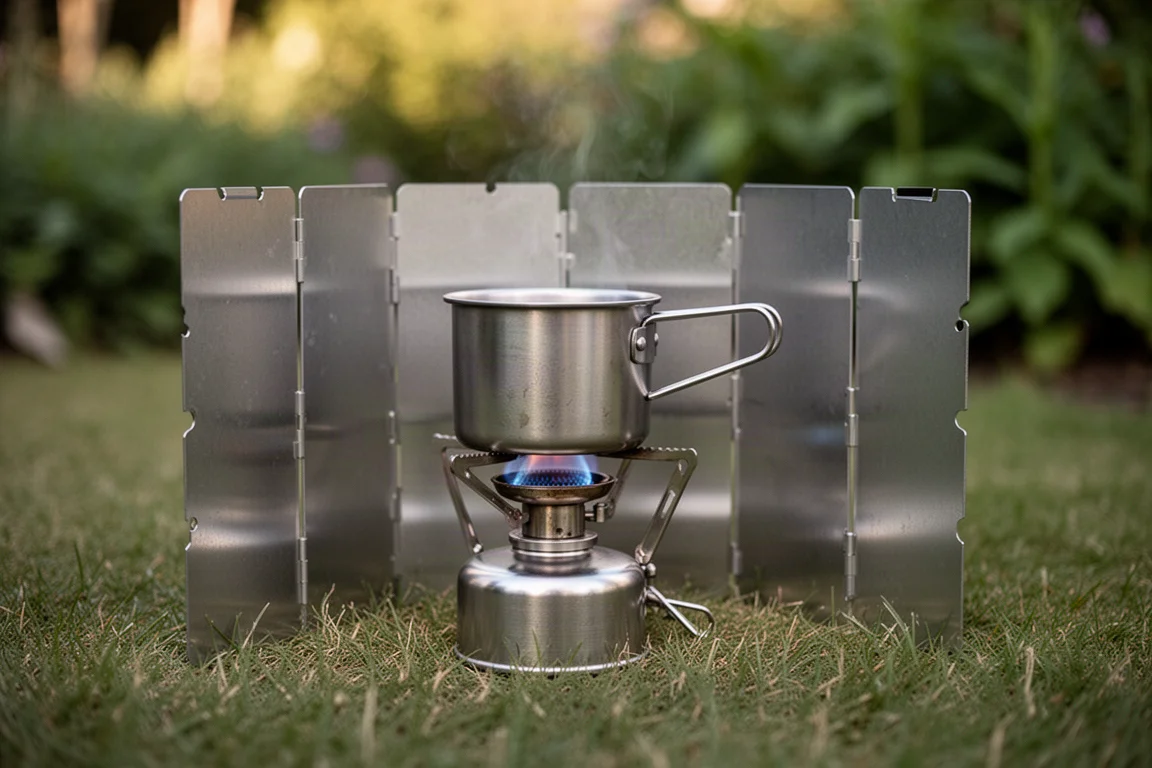 Close-up of a small alcohol burner inside a folding windshield with a metal pot resting on top in a garden