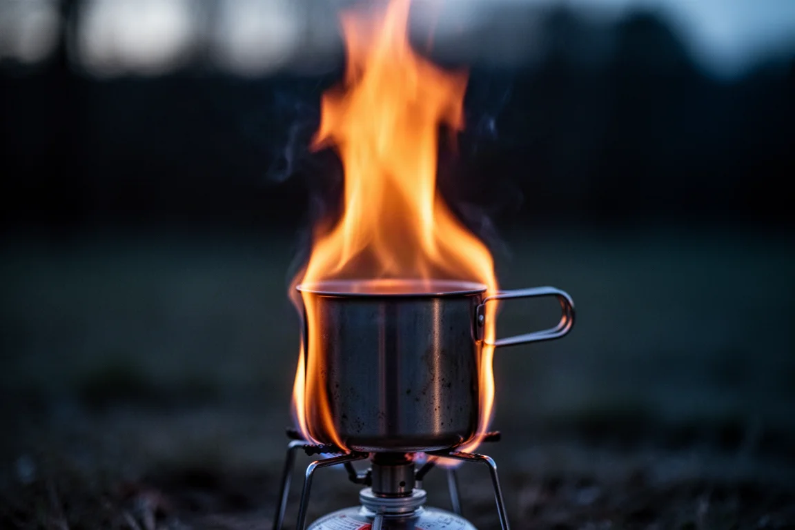 Tall flickering flame from a small alcohol burner rising around the sides of a metal pot at dusk