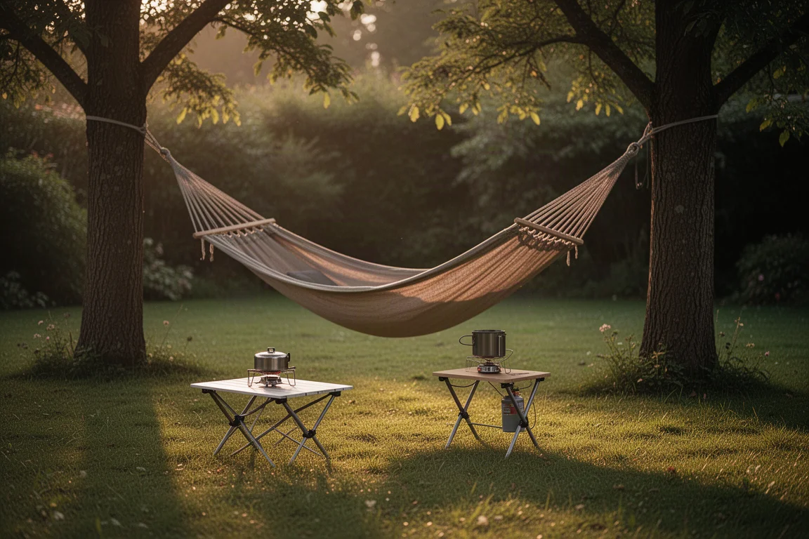 Hammock strung between two trees in a garden at golden hour with a small camp table on the grass