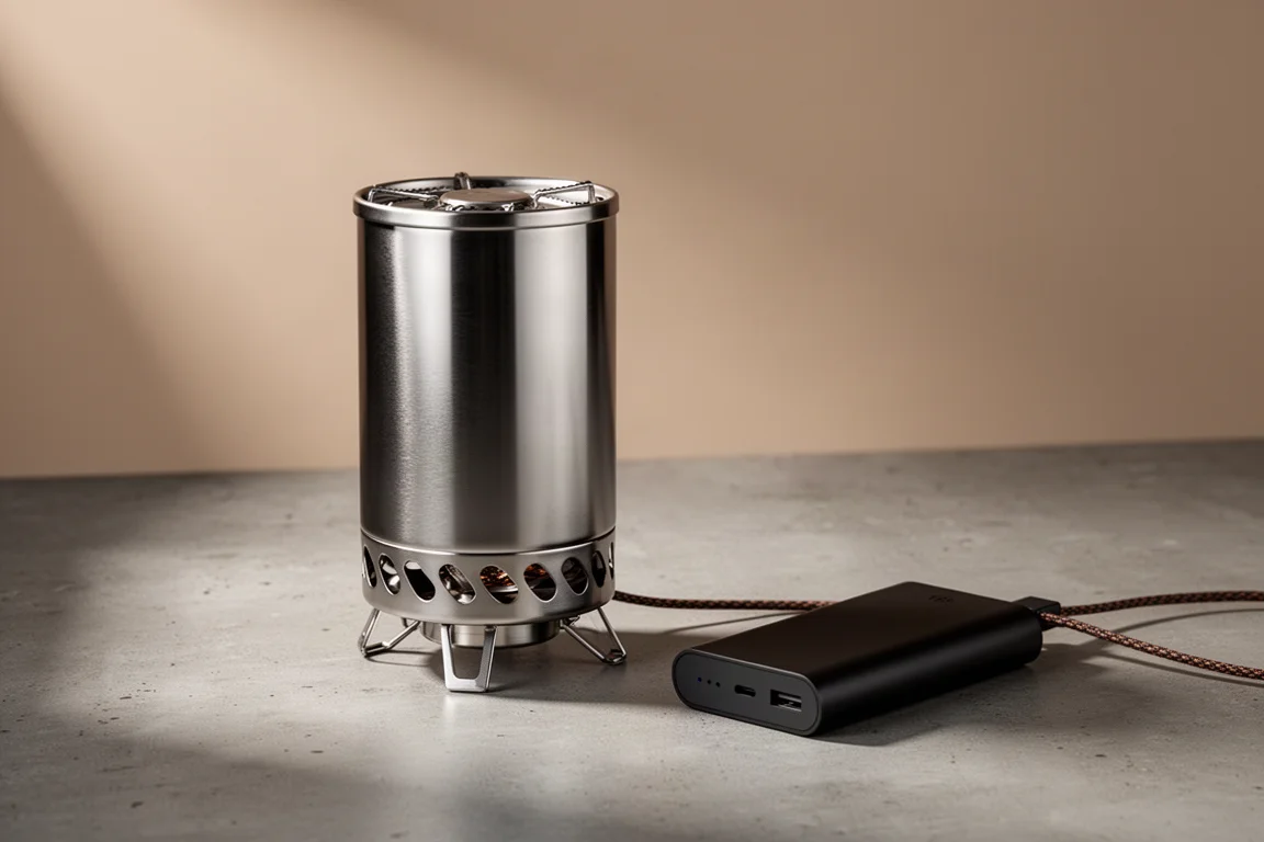 Fornello da campeggio compatto in acciaio a legna con base ventilata e power bank su cemento