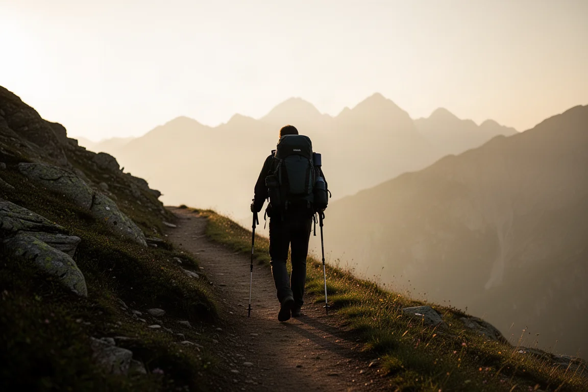 Entfernter Wanderer mit Trekkingstöcken auf einem nebligen alpinen Grat bei Sonnenaufgang