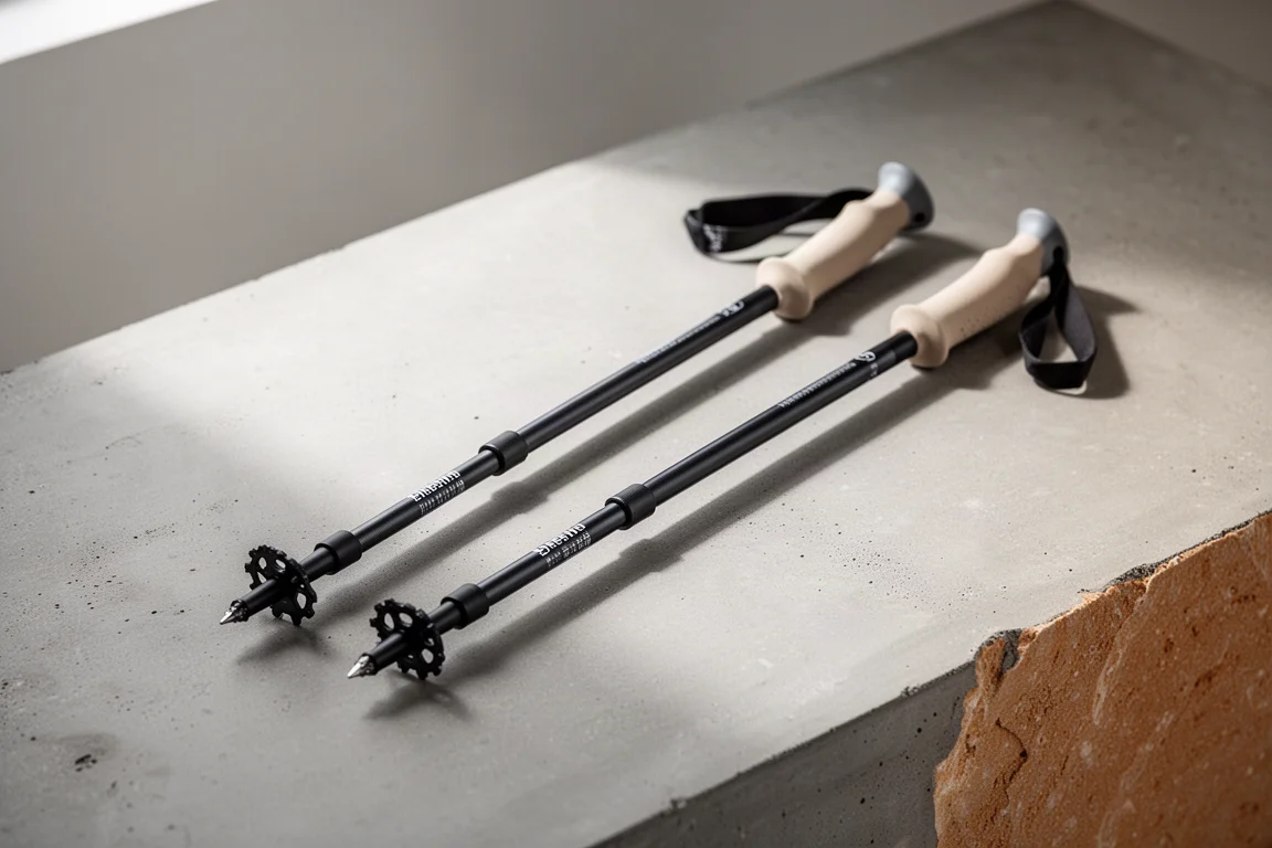 Pair of ultralight trekking poles laid diagonally on a matte concrete surface