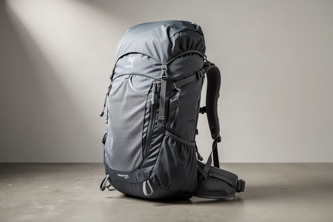Zaino da escursionismo ultralight grigio con tasca frontale in mesh appoggiato sul cemento