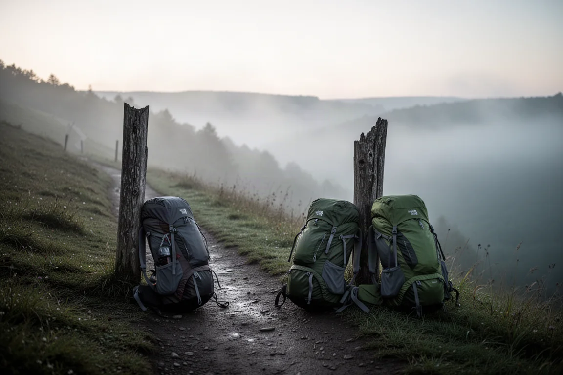 Mochila de senderismo cargada apoyada en una roca en un campamento de montaña brumoso al amanecer