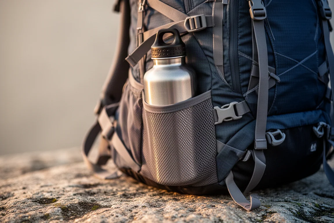 Primer plano de un panel trasero de malla tensada de mochila con luz solar atravesando el tejido