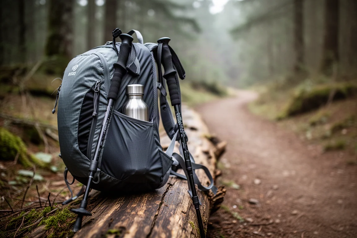Butelka na wodę i kij trekkingowy w wąskiej bocznej kieszeni plecaka leżącego na pniu