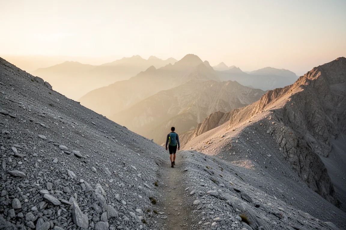 Randonneur marchant sur un sentier de crête alpine à l'heure dorée, portant un petit sac à dos ultraléger