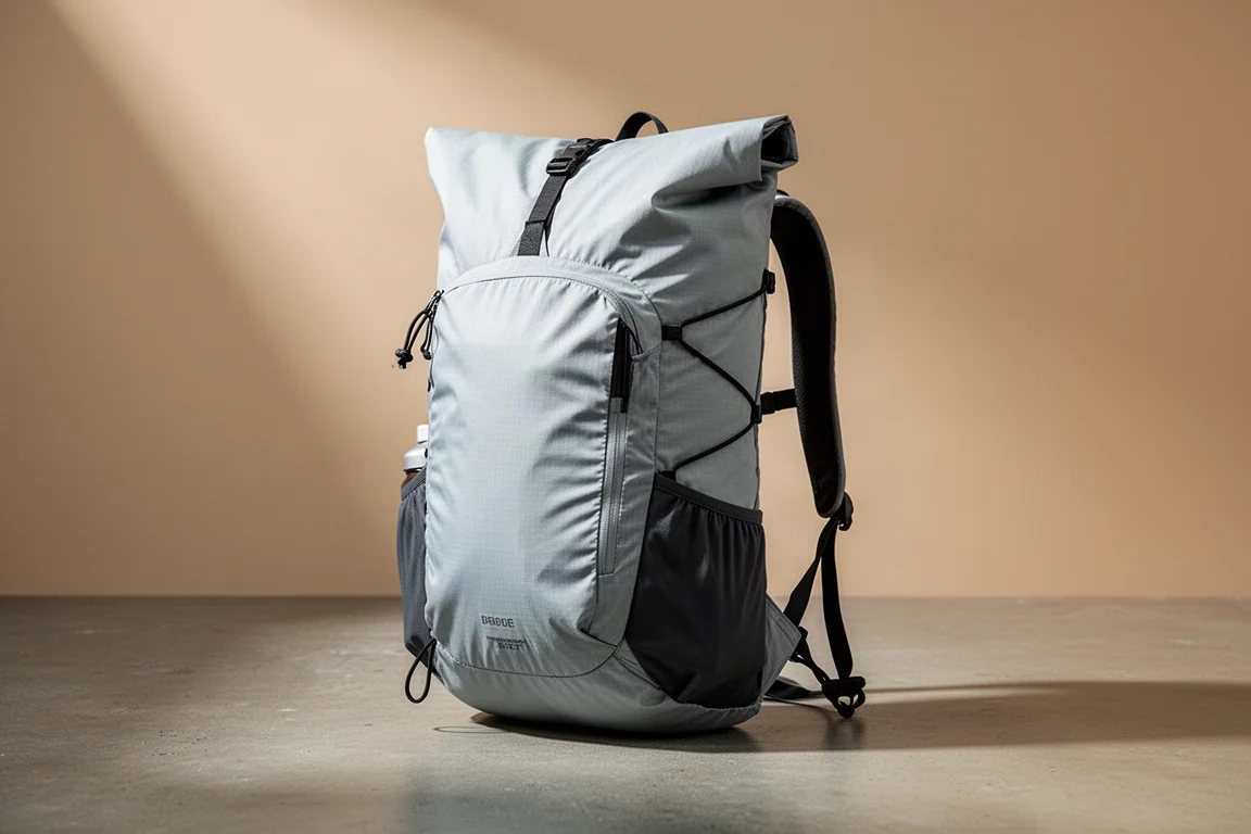 Zaino da escursionismo ultralight con chiusura roll-top in piedi su una superficie in cemento opaco