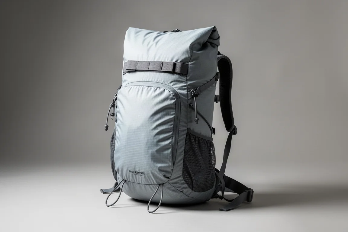 Ultralight backpacking kit on a matte concrete surface in soft studio light