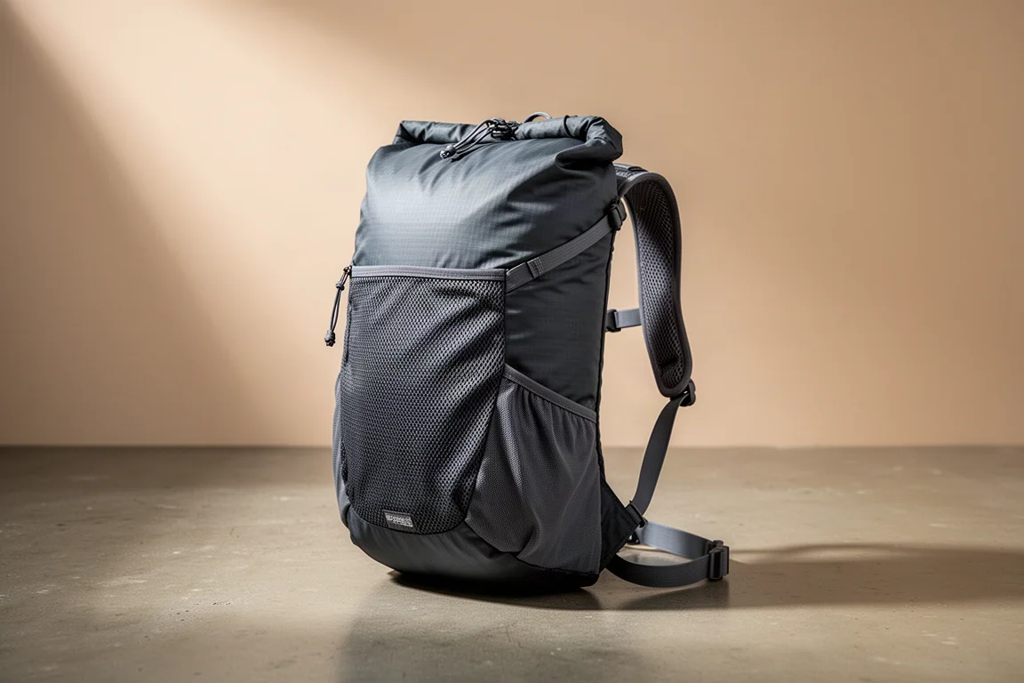 Frameless ultralight hiking backpack standing upright on a concrete studio surface