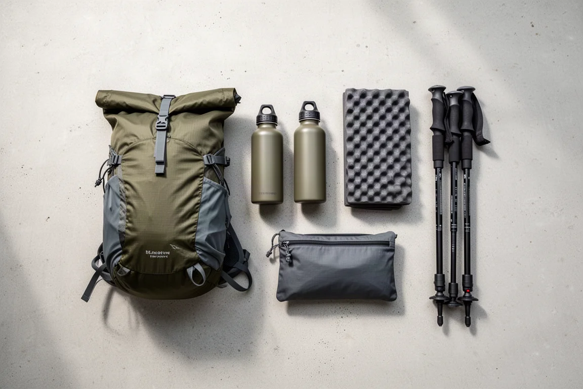 Attrezzatura da escursionismo ultralight disposta a terra, tra cui zaino senza struttura, borracce e bastoncini da trekking