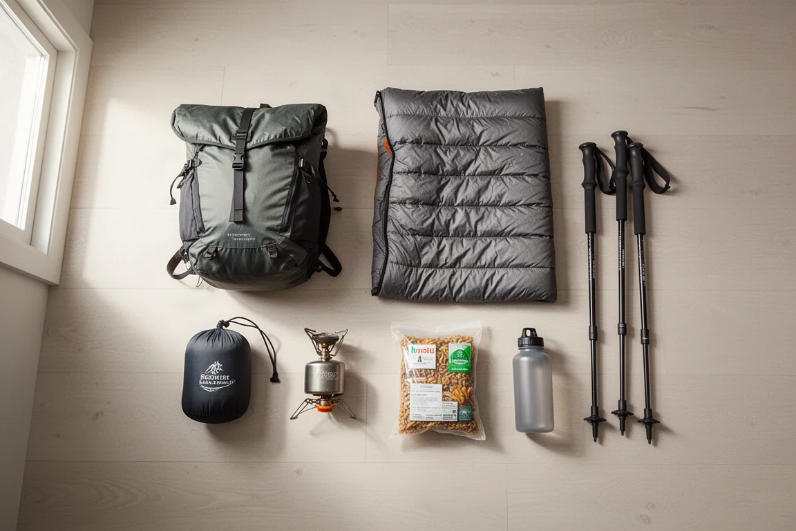 Kit da backpacking ultralight disposto su un pavimento in legno per la selezione dell'attrezzatura prima del viaggio