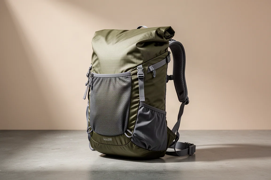 Frameless ultralight hiking backpack with a roll-top closure on a matte concrete surface