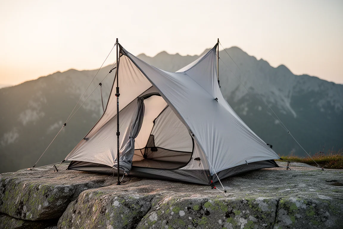 Pitched single-wall ultralight tent with arched carbon pole on a concrete floor