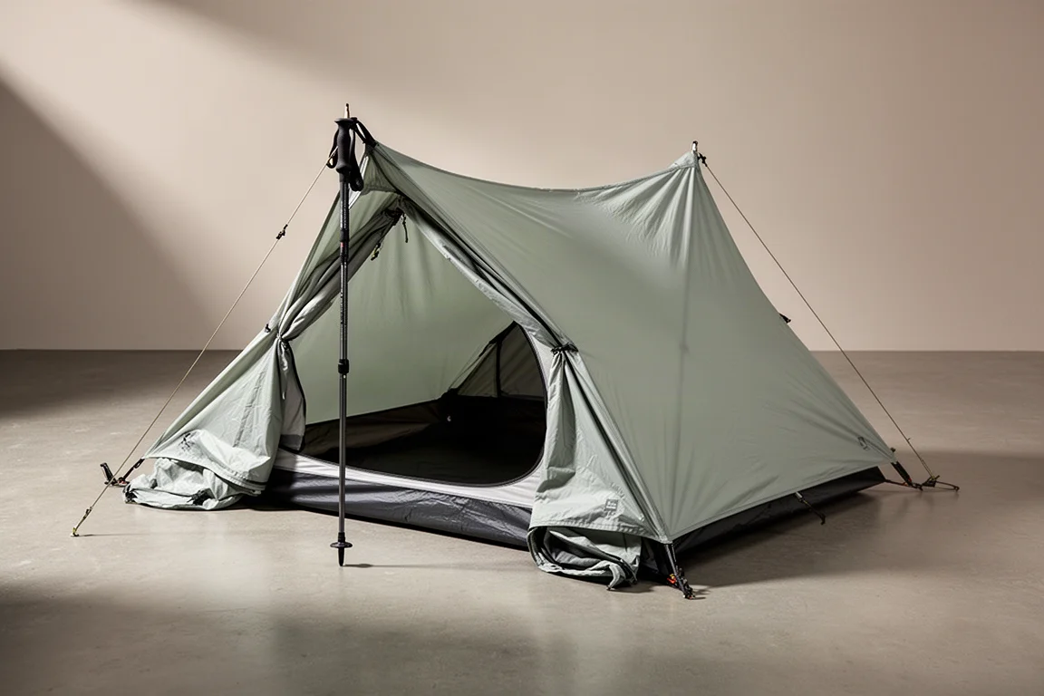 Tenda ultraleggera a parete singola per due persone montata su uno sfondo neutro da studio