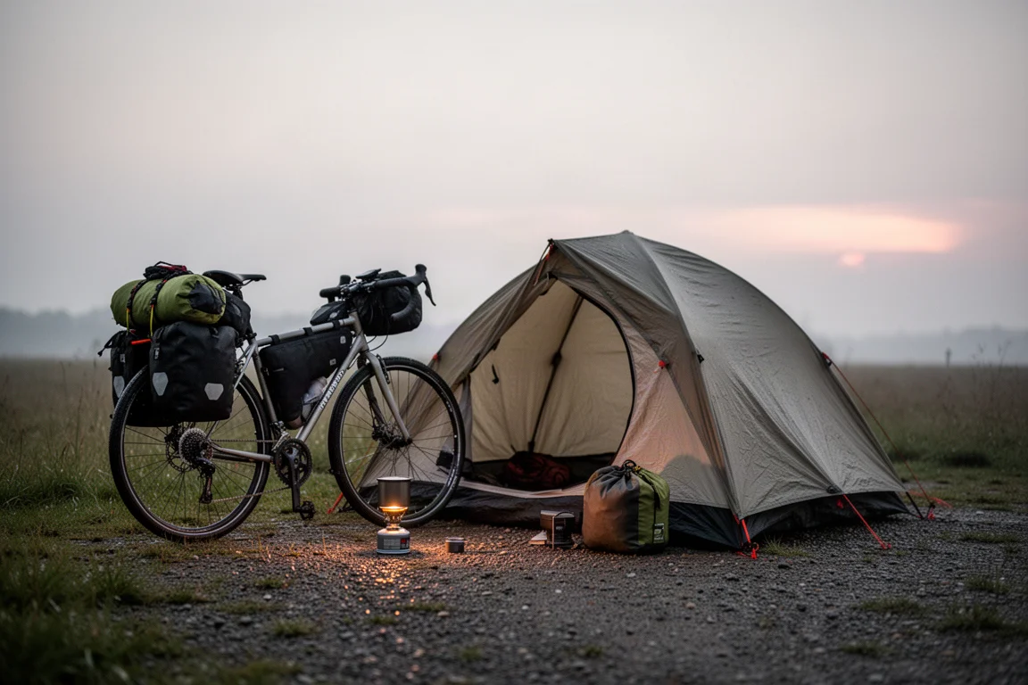 Tienda ultraligera montada junto a una bicicleta de turismo cargada al atardecer
