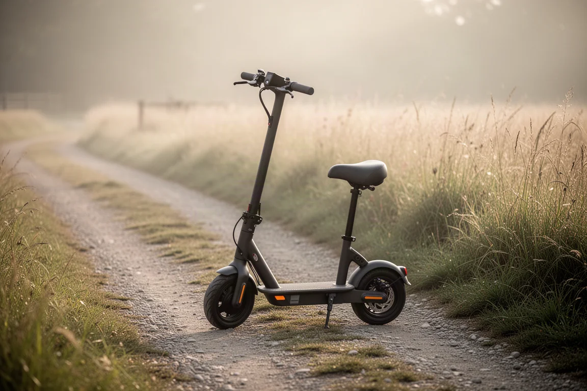 Patinete elétrico com banco estacionado em um caminho de cascalho sob luz suave do dia
