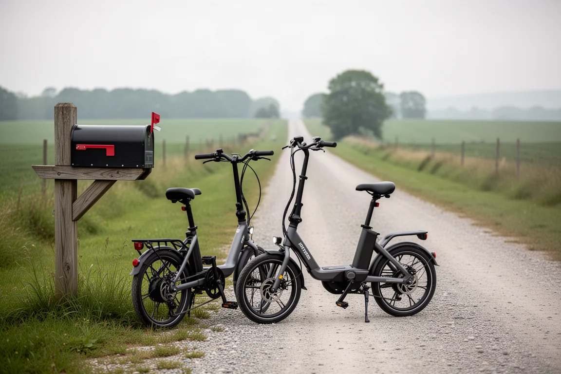 E-bike compacta con asiento estacionada en un camino de grava de granja junto a un buzón
