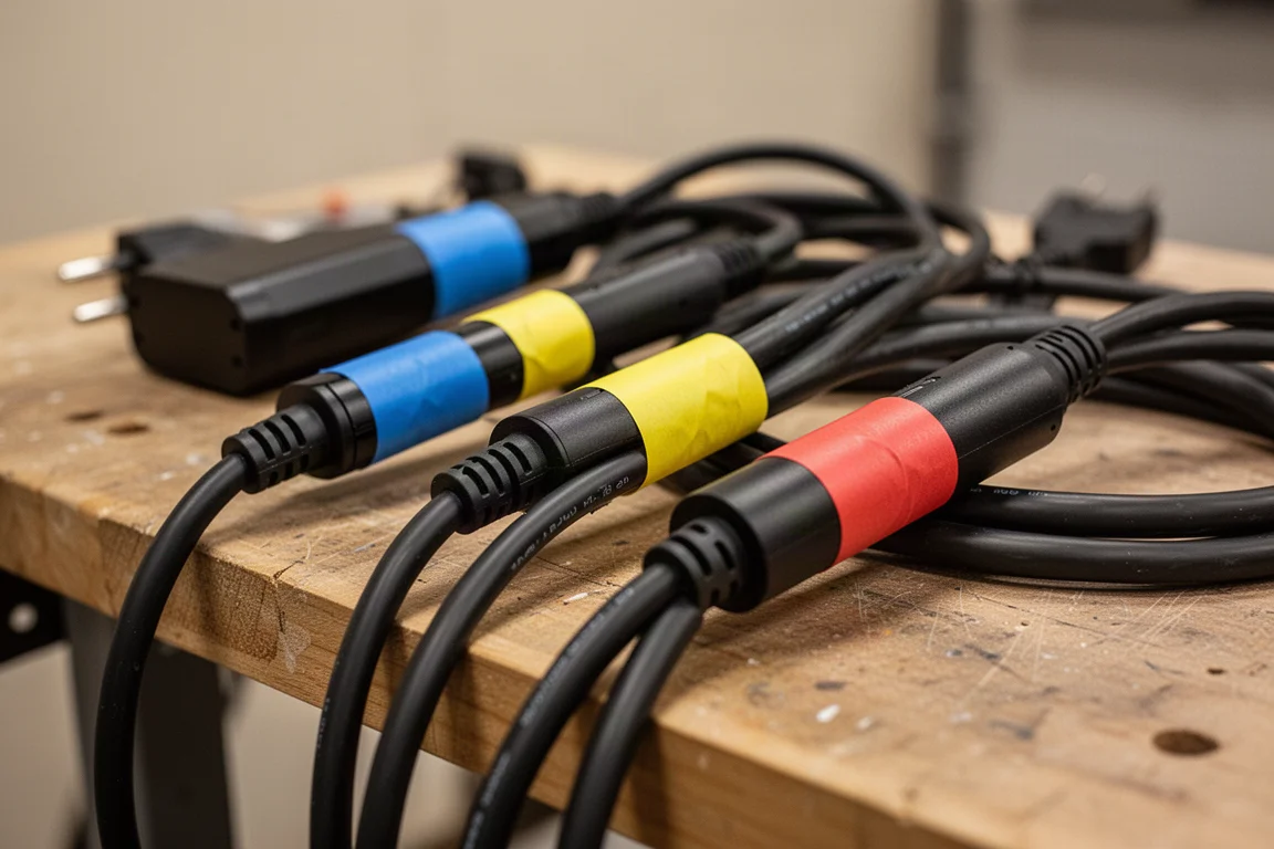 Primer plano de etiquetas de cinta de colores en los cables del cargador de la e-bike