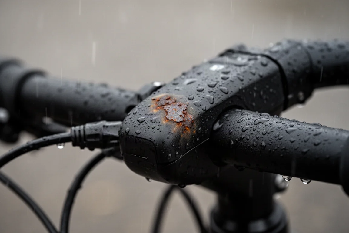 Gotas de agua y óxido superficial ligero en el manillar de la e-bike tras la lluvia