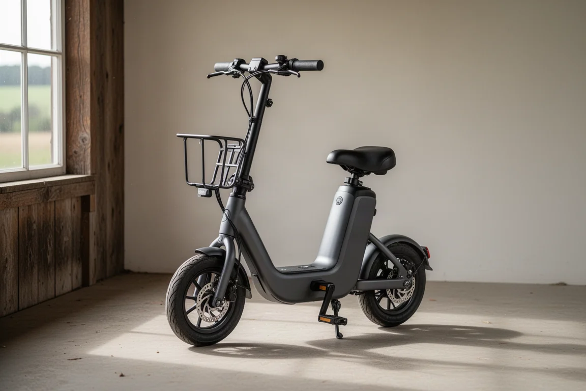 Compact seated e-bike photographed at a three-quarter angle on a wooden farm porch