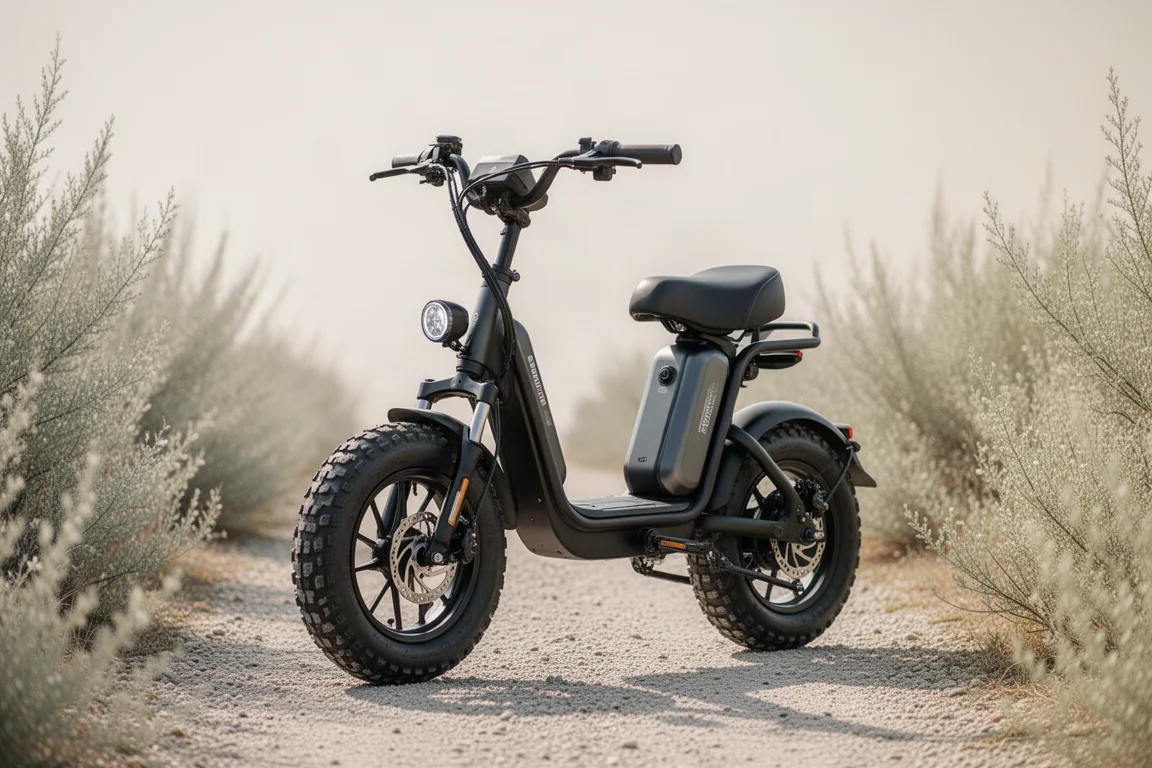 Kompaktes Moped-E-Bike geparkt auf einem Kiesweg mit dicken Reifen