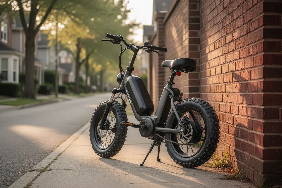 Gotrax Ranger 16 E-Bike angelehnt an eine Wand in einem Wohnviertel