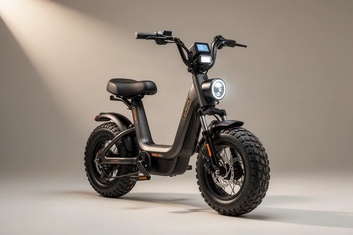Gotrax Ranger 16 小巧摩托車風格電動自行車，背景為中性灰色