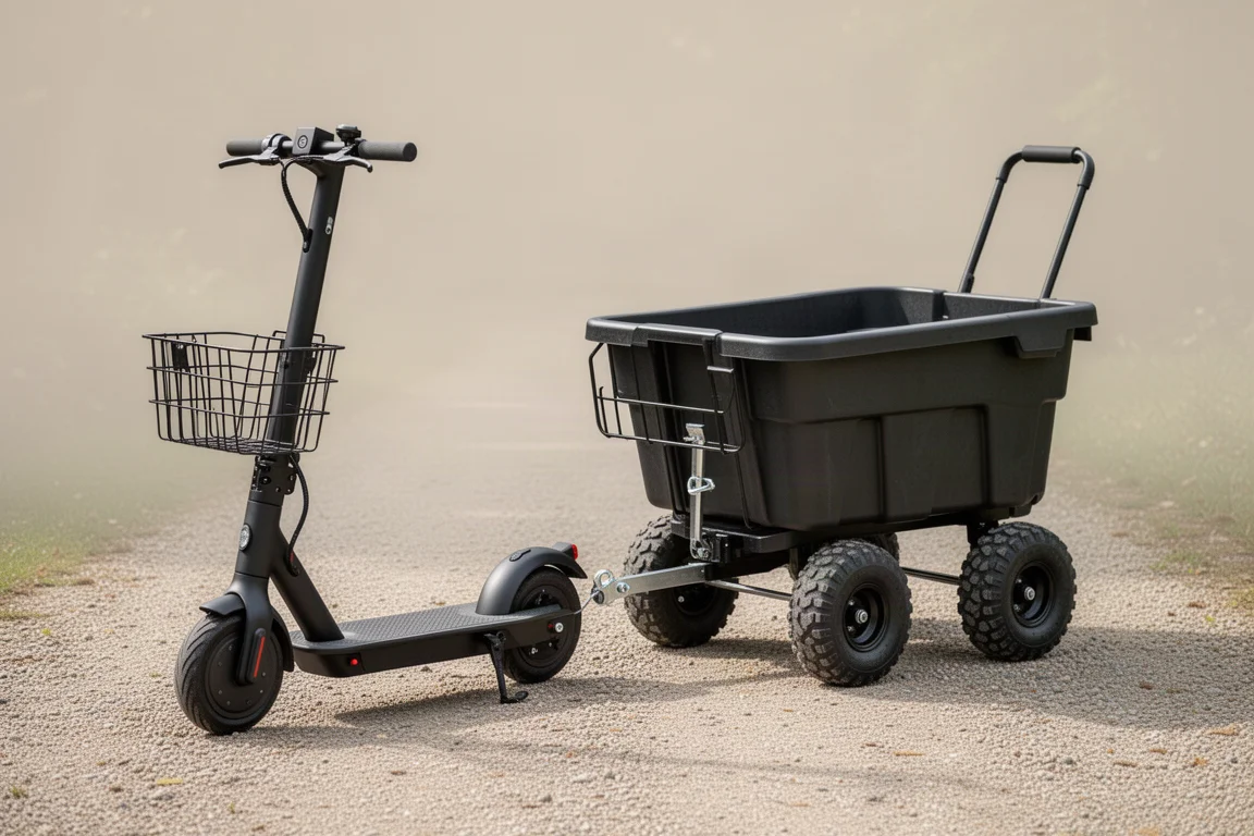 Electric scooter hitched to a utility cart on a gravel driveway