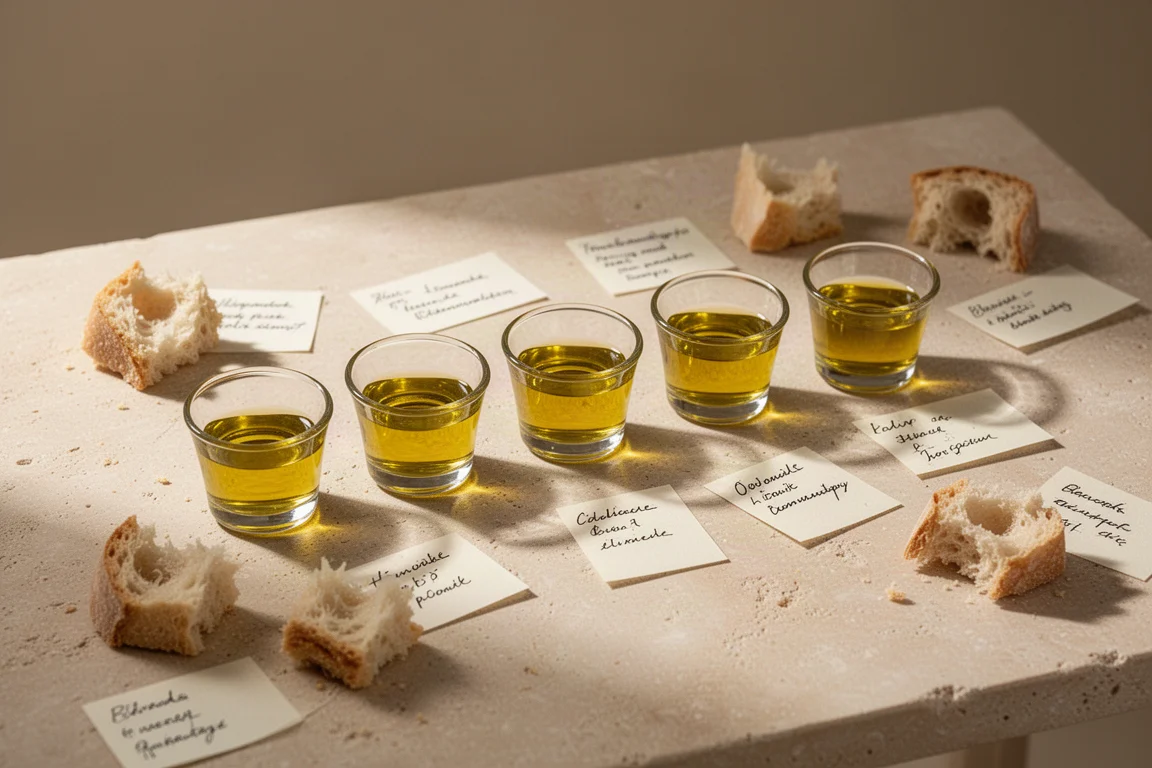 Cinco vasos pequeños de aceite de oliva dorado alineados para una cata comparativa