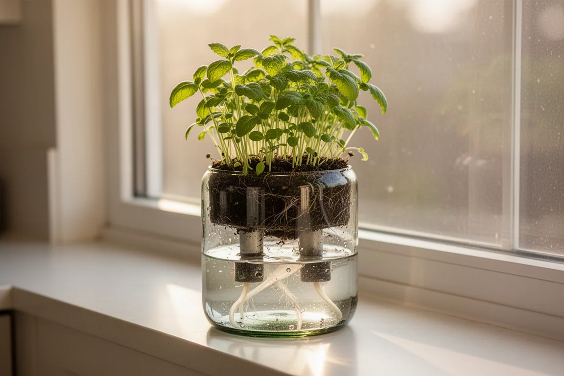 Brotos de hierbas creciendo en un cultivador hecho con una botella de vino de vidrio reciclado junto a una ventana soleada