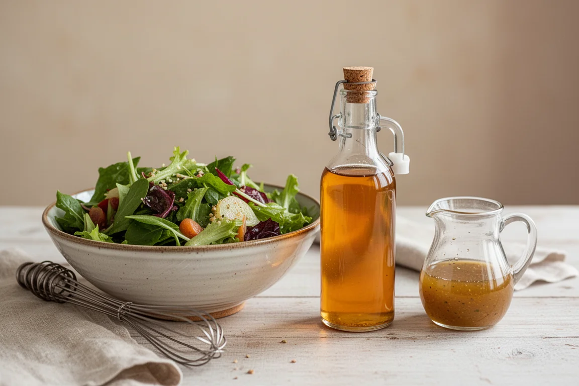 Vinagre casero afrutado en una botella de vidrio junto a una ensalada verde fresca