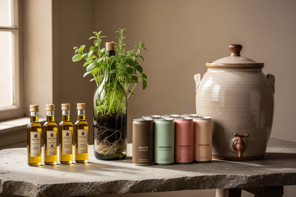A gift table with olive oil bottles, a glass herb planter, canned cocktails and a vinegar crock