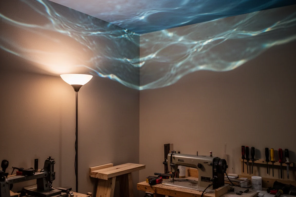 Slimme vloerlamp die een zacht golfachtig lichteffect over het plafond projecteert in een gezellige kamer