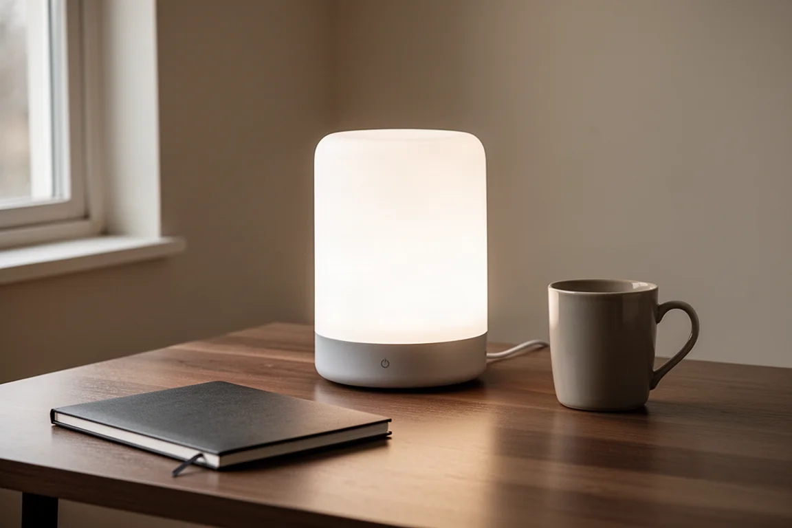 Slimme tafellamp die diffuus wit licht geeft op een houten bureau