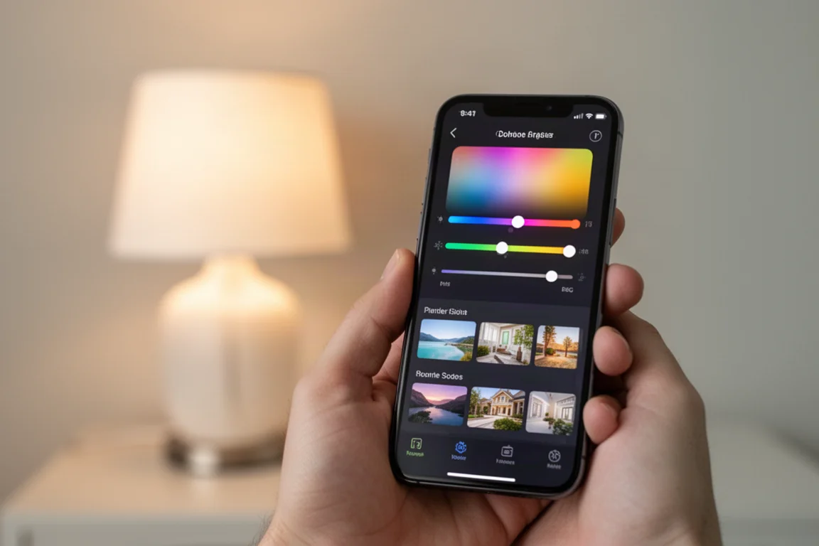 Scherm van smartphone-app met verlichtingsbediening en scènepresets