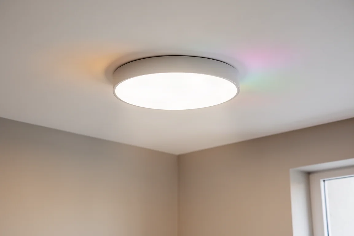 Plafondlamp gemonteerd op een wit plafond die diffuus licht naar beneden en kleur door de kamer projecteert