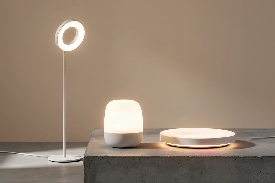 Govee smart floor lamp, table lamp, and ceiling light arranged on a concrete surface
