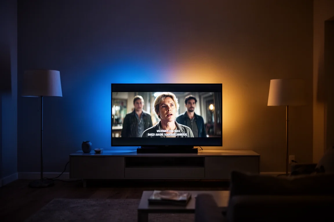 夜の薄暗いリビングルームで、明るいテレビの背後にカラフルなアンビエントライトが輝いている
