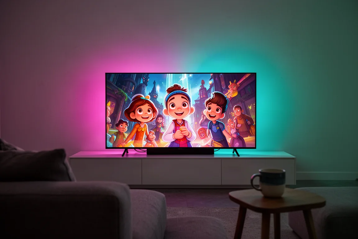 テレビの背後でアンビエントライトがマゼンタとティールに変化するリビングルーム