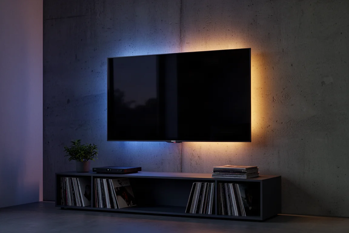Living room at dusk with ambient light glow behind a wall-mounted television