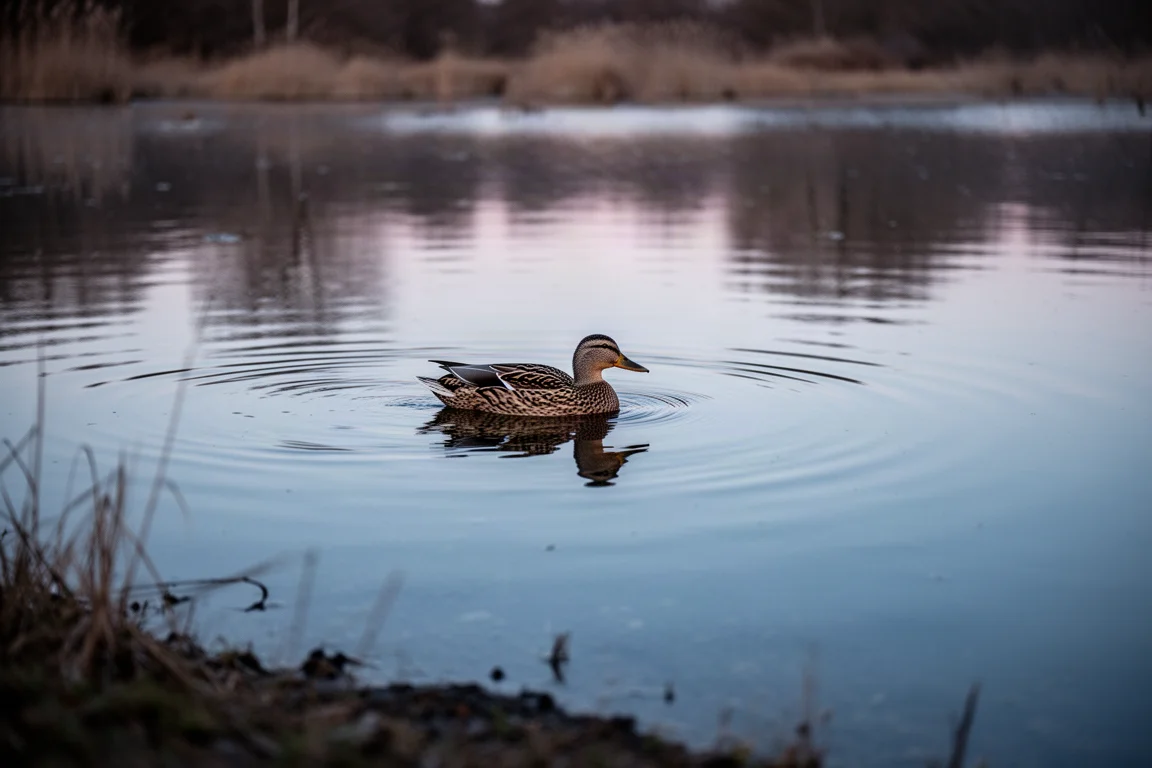 Ente schwimmt in der Dämmerung auf einem stillen Teich mit sanften Spiegelungen