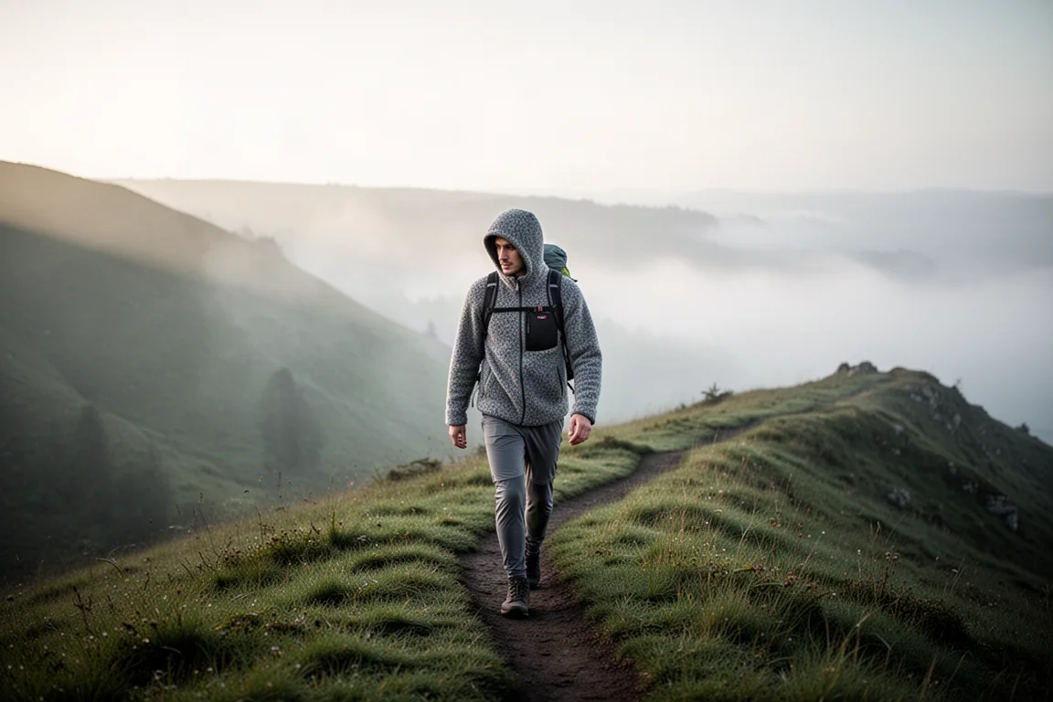 Hiker on a misty ridge trail wearing a textured grey fleece hoodie and a small backpack