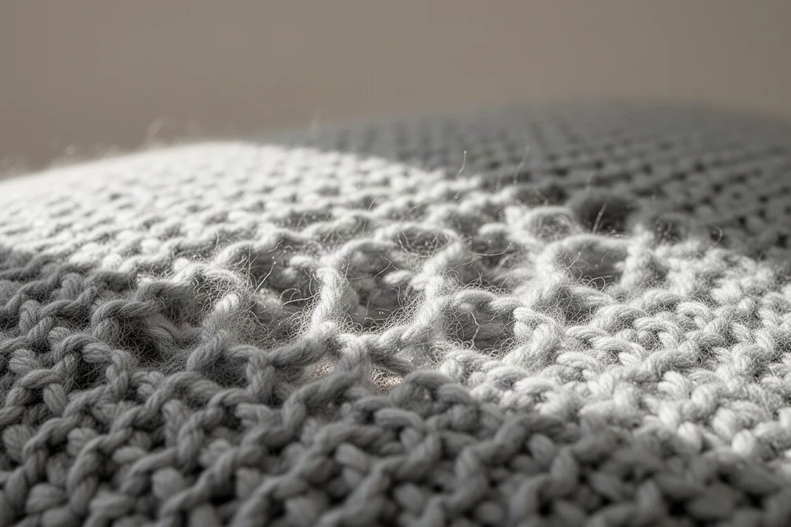 Close-up of lofted textured knit fabric in pale grey with light raking across the pile