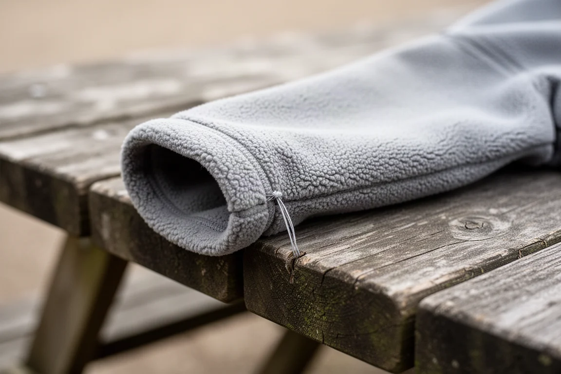 Textured fleece sleeve resting on a weathered wooden picnic table with a pulled thread