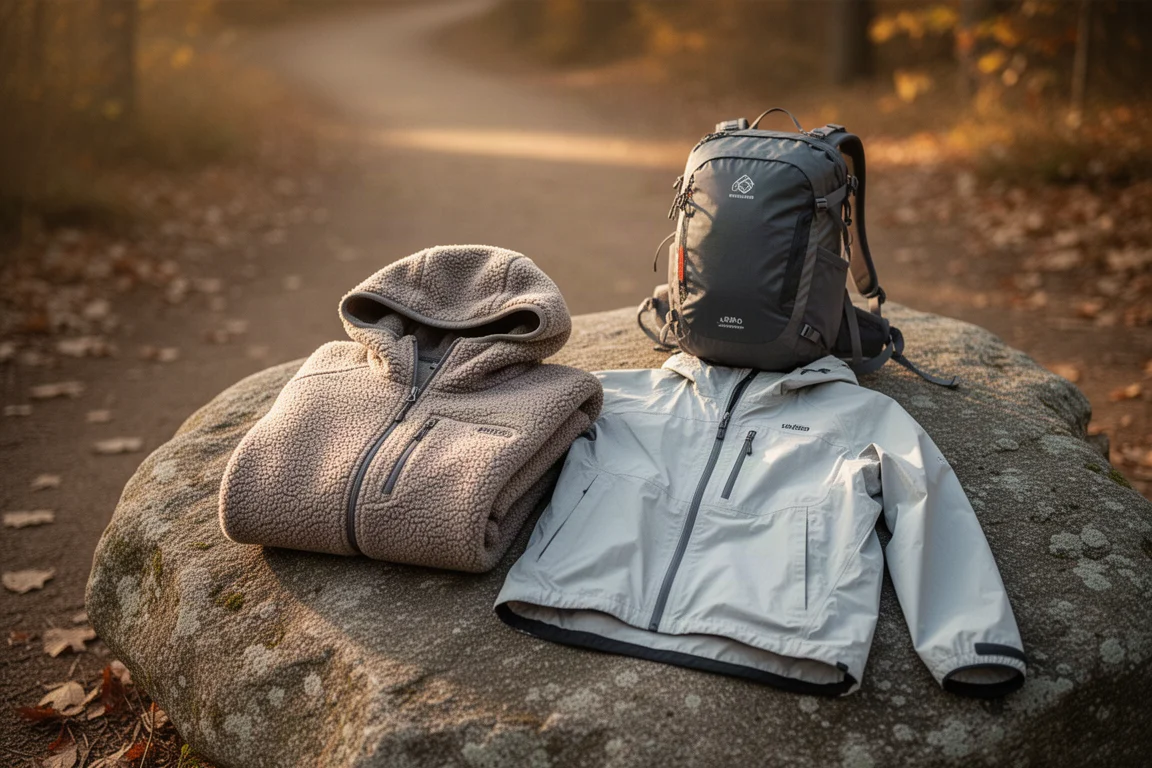 Folded fleece hoodie and light shell jacket on a rock at an autumn trailhead