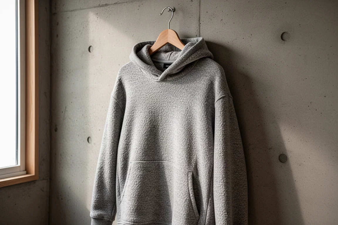 Felpa leggera con cappuccio in pile grigio testurizzato su stampella di legno contro cemento