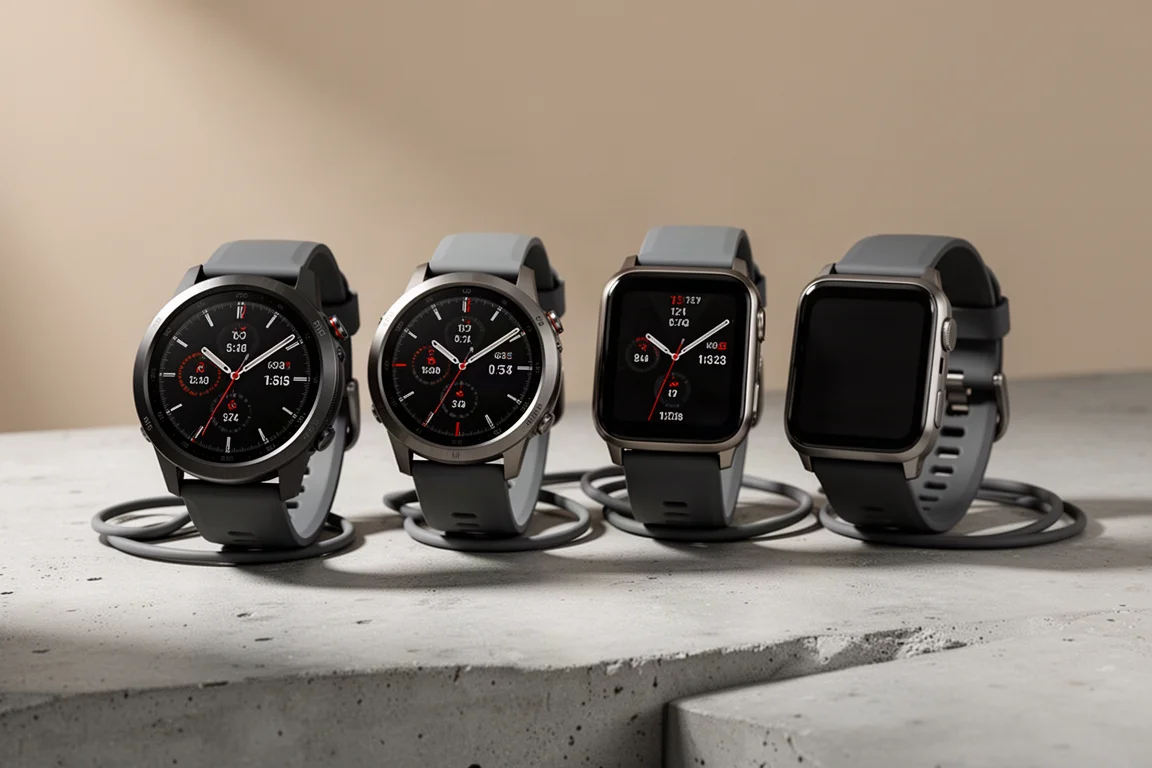 Quattro orologi sportivi GPS di fascia alta disposti su una superficie di cemento opaco