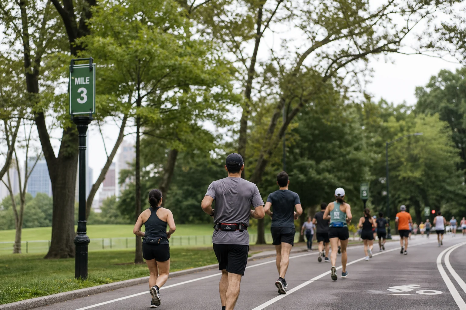 Löpare som tävlar i ett 5 km-lopp i en stadspark med synliga milmarkeringar